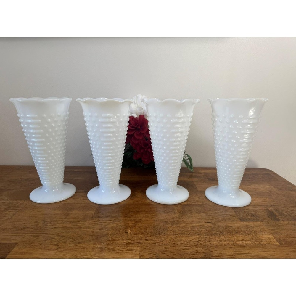Vintage Hobnail Milk Glass Trumpet‎ Vases Mid-Century White Glass Vases Wedding